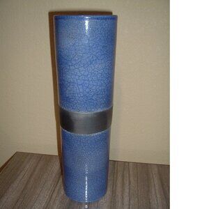 Stunning TALL 12"  Cylindrical Studio Pottery Vase Blue/Gray SIGNED